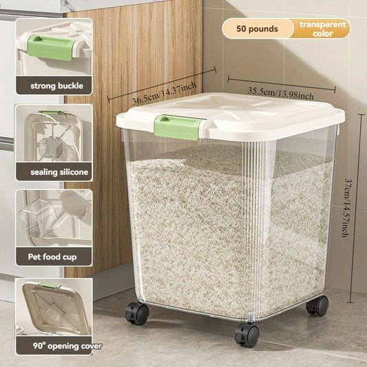 Large Volume Sealed Rice Barrel with Built in Measuring Cups Insect and Moisture Resistant Reusable Food Grade Plastic Storage Container for Rice Grain Flour and Pet Food 30 Lbs Clear Design with Lid