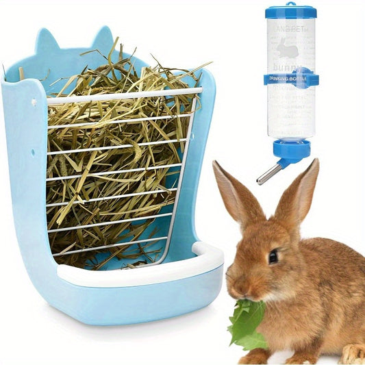 Rabbit Hay Feeder Rack with Bowl and Water Bottle for Grass and Food Blue