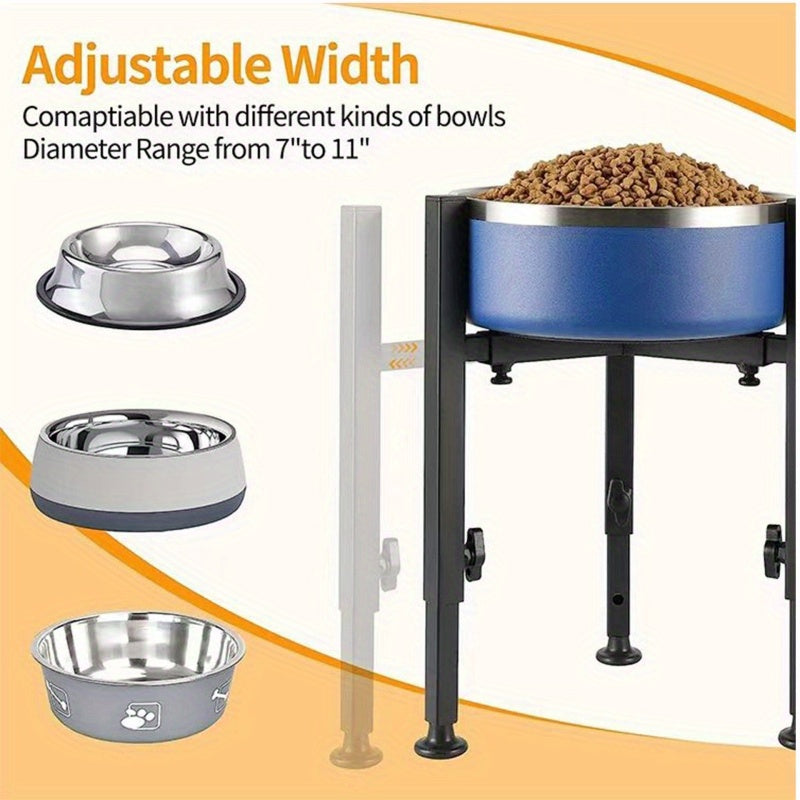 1pc PetFeast Adjustable Height Iron Dog Bowl Stand Elevated Feeder for Medium to Large Dogs 7 to 11 Inch Width 14.5 Inch Height Range Durable Metal Pet Food Holder