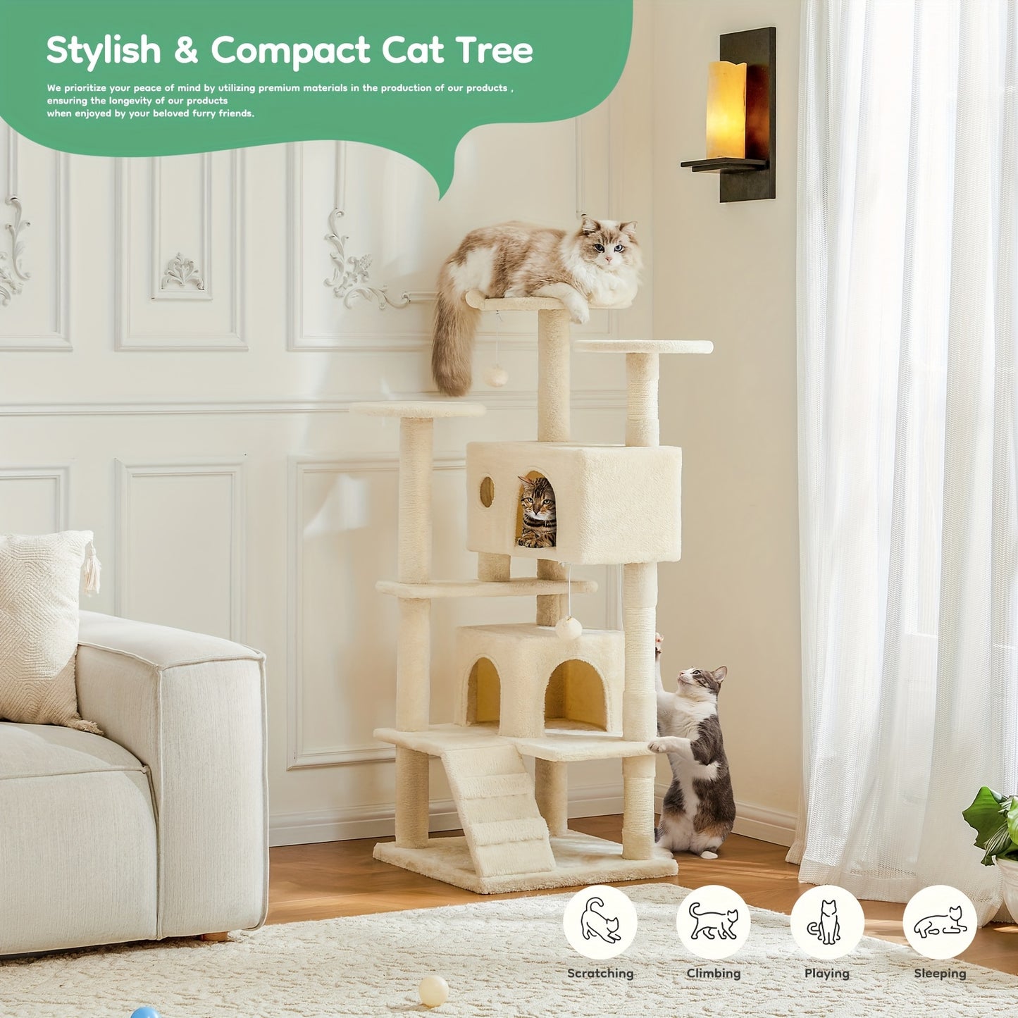 54in Cat Tree Tower for Indoor Cats with Multi-Level Design