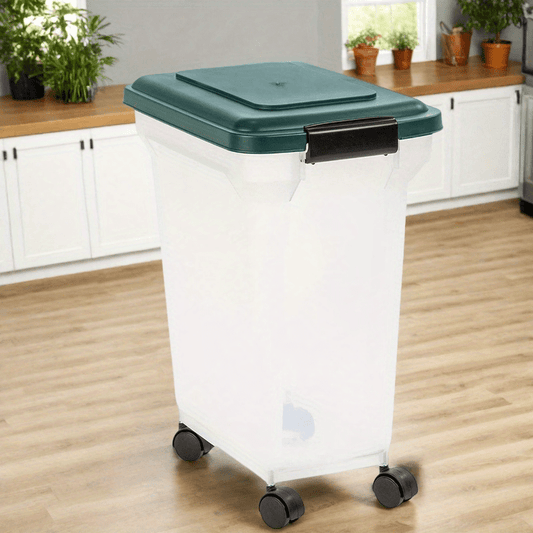 Airtight Pet Food Storage Container 22lb Capacity Clear Rectangular Design with Wheels Durable Easy Clean for Dog Cat Food Freshness Preservation Secure Lid Seal Transparent Body