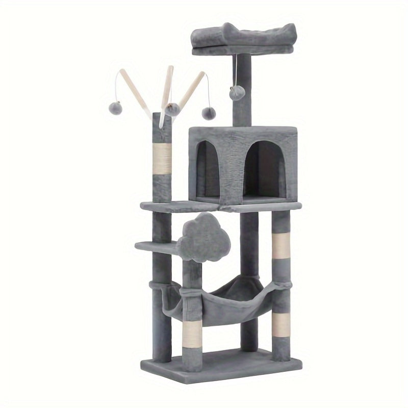 1pc YINTATECH Meowl Cat Tree Tower with Pompoms and Padded Platforms Multi Level Cat Condo with Scratching Posts and Hammock for Indoor Cats