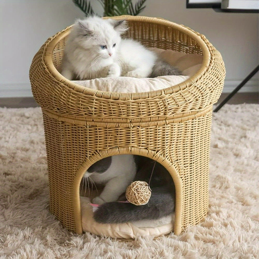 Washable Faux Rattan Double Layer Cat House with Removable Cushion Stain Resistant Elevated Cat Bed Two Story Villa Design for Indoor and Outdoor Use