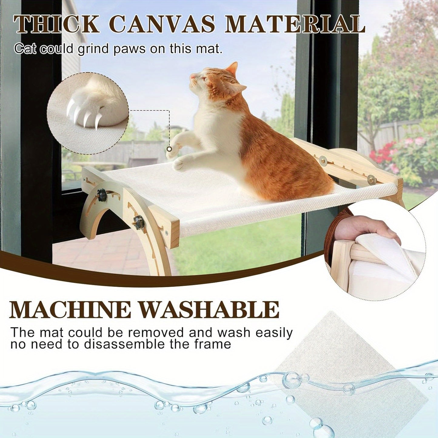 XIAZ Cat Window Perch Bed Adjustable 50LB Wooden Indoor Cat Bed with Dual Season Washable Cushion Perfect for Sunbathing Fits All Cat Breeds 27x16x8in Window Shelf for Cats