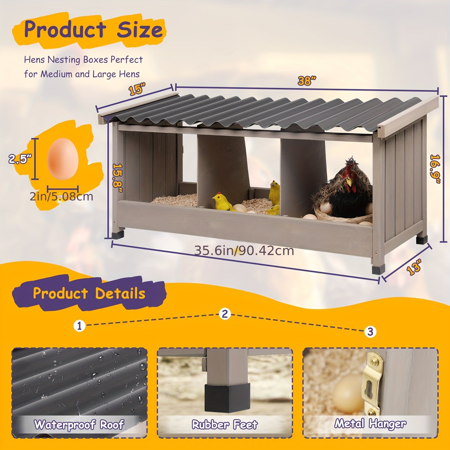 KETIVE Chicken Nesting Box Wall Mounted Wooden Coop Accessories With PVC Roofing 3 Compartments For Hens And Ducks Indoor Or Outdoor Use
