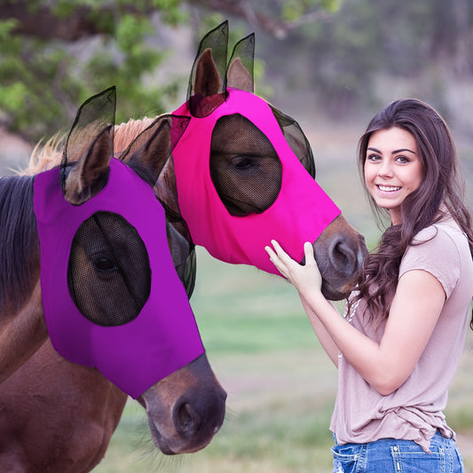 2pcs Horse Fly Masks With Ears Elastic UV Protection Fly Mask For Horses Breathable Mesh Smooth Fit Pink Purple Size M