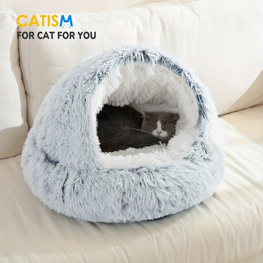 Catism 24x24 Inch Plush Pet Bed for Small Dogs and Cats Removable Washable Cover Non Slip Oxford Cloth Bottom Cozy Hooded Design Soft Plush and Sponge Padding Ideal for Indoor Use