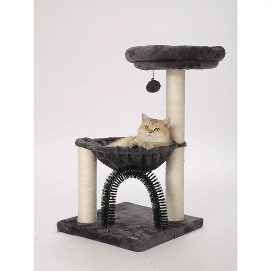 Multi Level Cat Tree Tower with Scratching Posts Plush Perch and Dangling Ball Indoor Activity Center for Cats Gray and Beige Design Durable Polyester Material
