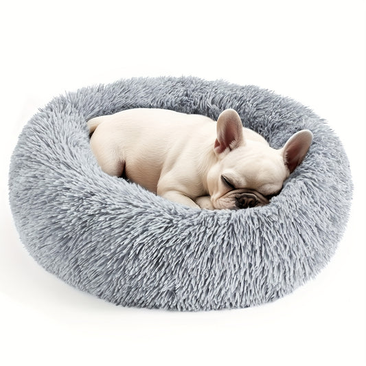 Calming Donut Pet Bed for Small and Medium Dogs and Cats Washable Round Fluffy Polyester Bed with Plush Comfort Indoor Cozy Bedding for Puppies Kittens and French Bulldogs