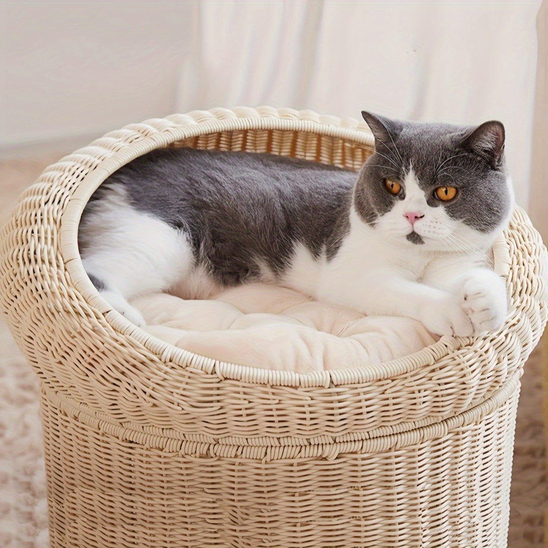 Washable Faux Rattan Double Layer Cat House with Removable Cushion Stain Resistant Elevated Cat Bed Two Story Villa Design for Indoor and Outdoor Use