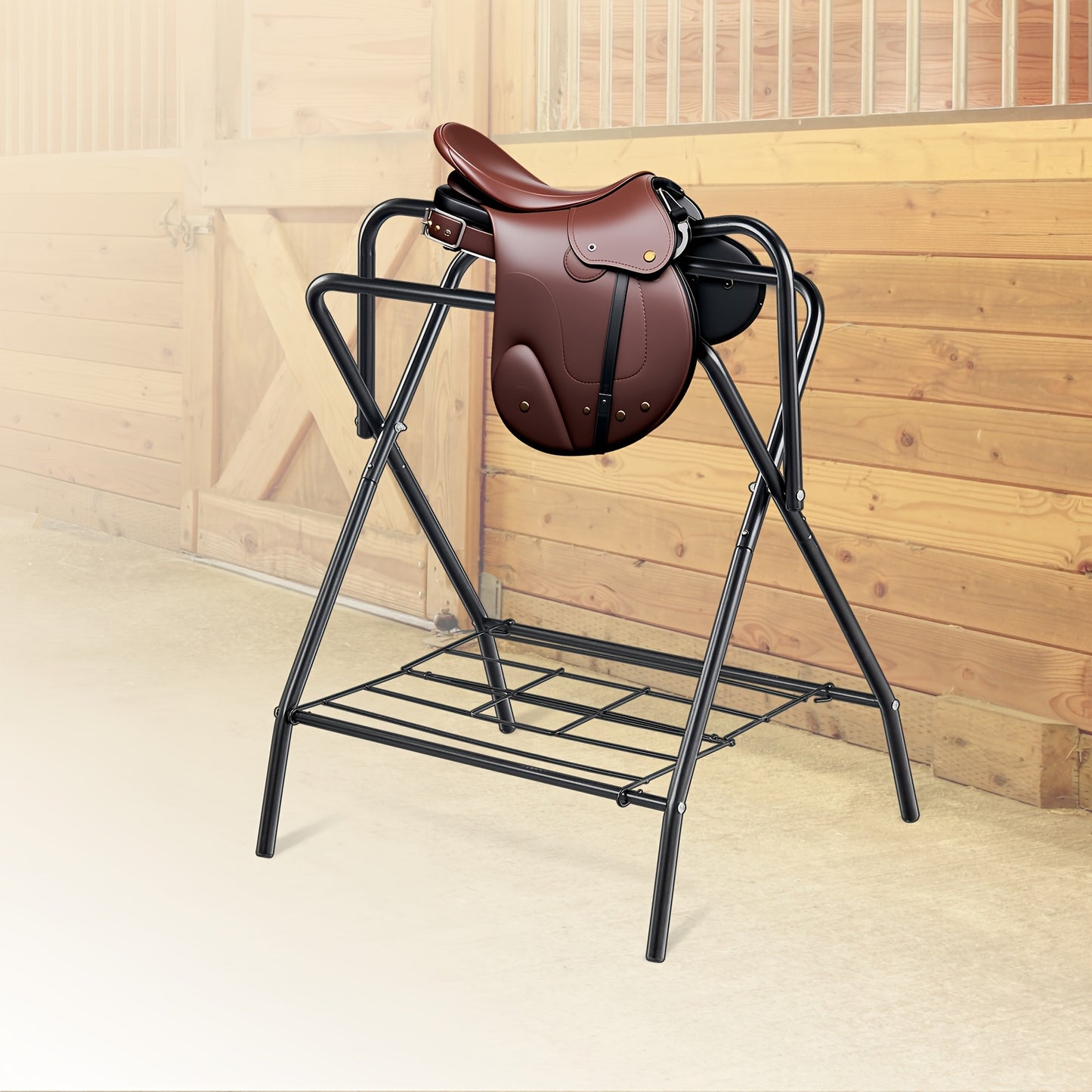 Happybuy Folding Saddle Rack Freestanding Horse Saddle Stand Portable Horse Blanket Holder Heavy Duty Steel Saddle Rack for English and Western Saddles Tack Storage Black 28 x 19 x 37.5 Inches