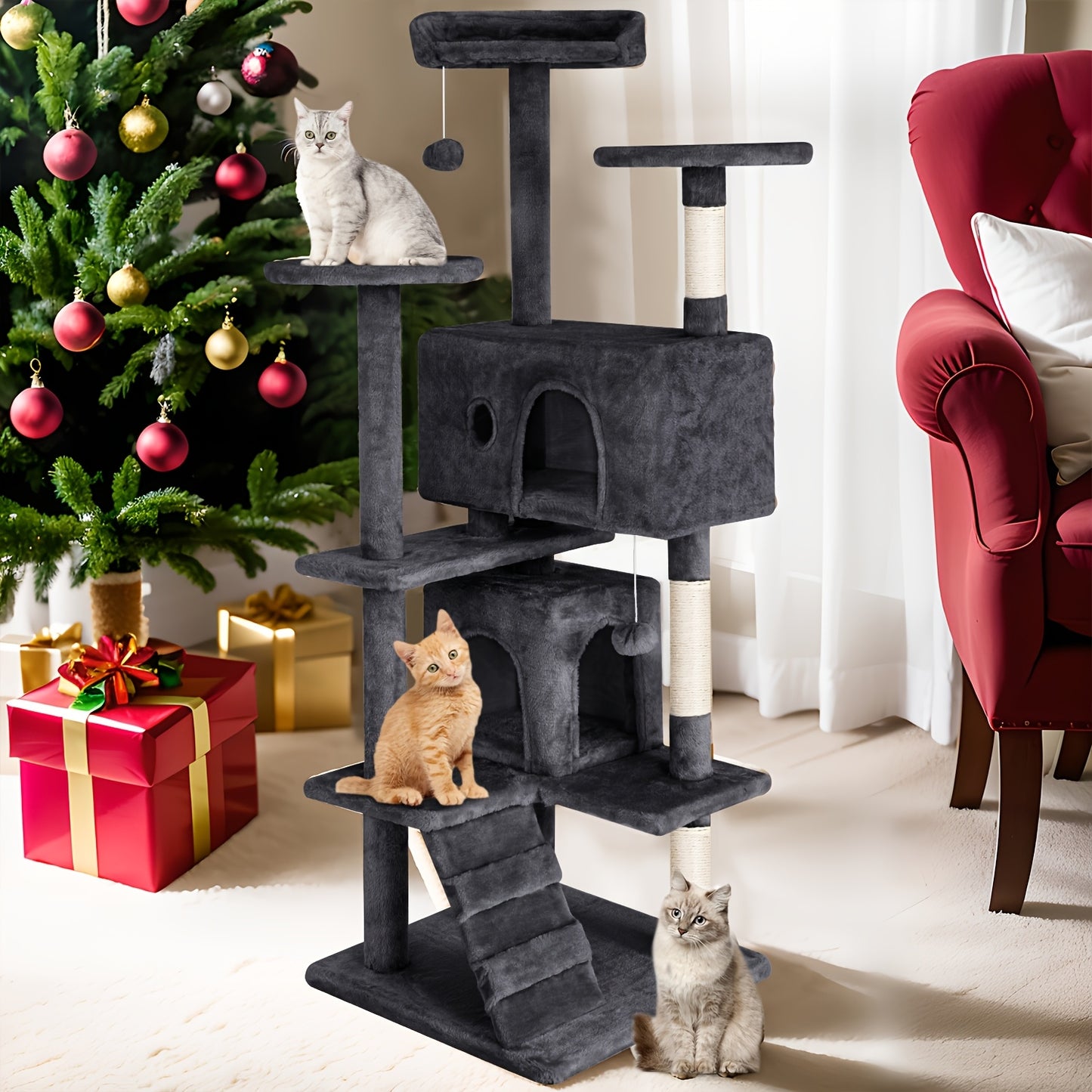 DOPINMIN 54 Inch Cat Tree Tower For Indoor Cats Multi Level Furniture Activity Center With Scratching Posts Stand House Condo Funny Toys Kittens Pet Play House Dark Gray