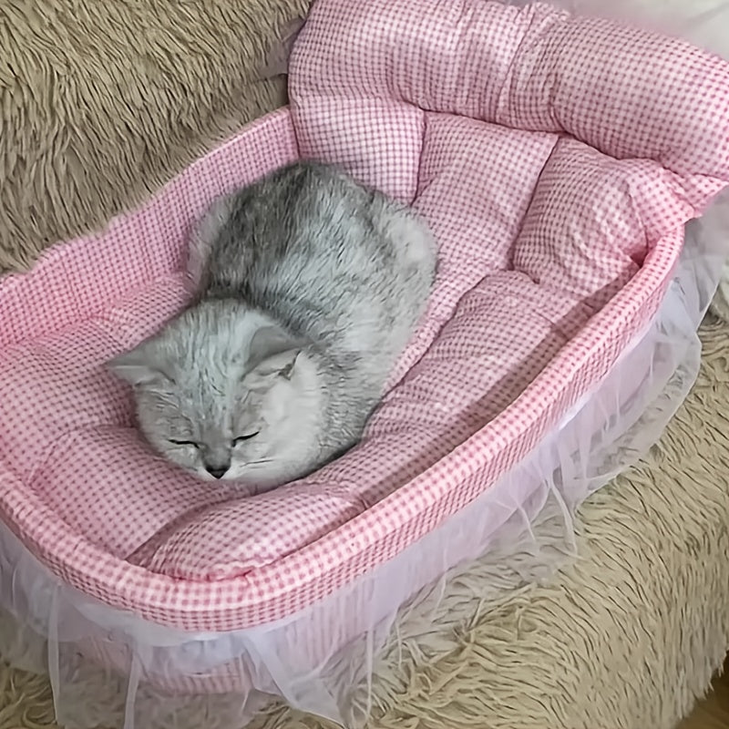 All Season Pet Bed for Dogs and Cats Checkered Small Bed with Soft Plush Fabric Washable and Detachable Pet Mat Non Sticky to Fur Easy to Clean Ruffle Details Cozy Sleeping for Indoor Cats and Small Dogs
