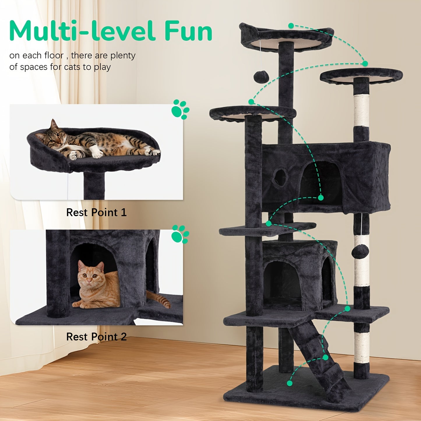 DOPINMIN 54 Inch Cat Tree Tower For Indoor Cats Multi Level Furniture Activity Center With Scratching Posts Stand House Condo Funny Toys Kittens Pet Play House Dark Gray