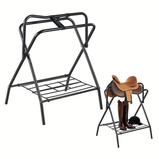 Happybuy Folding Saddle Rack Freestanding Horse Saddle Stand Portable Horse Blanket Holder Heavy Duty Steel Saddle Rack for English and Western Saddles Tack Storage Black 28 x 19 x 37.5 Inches