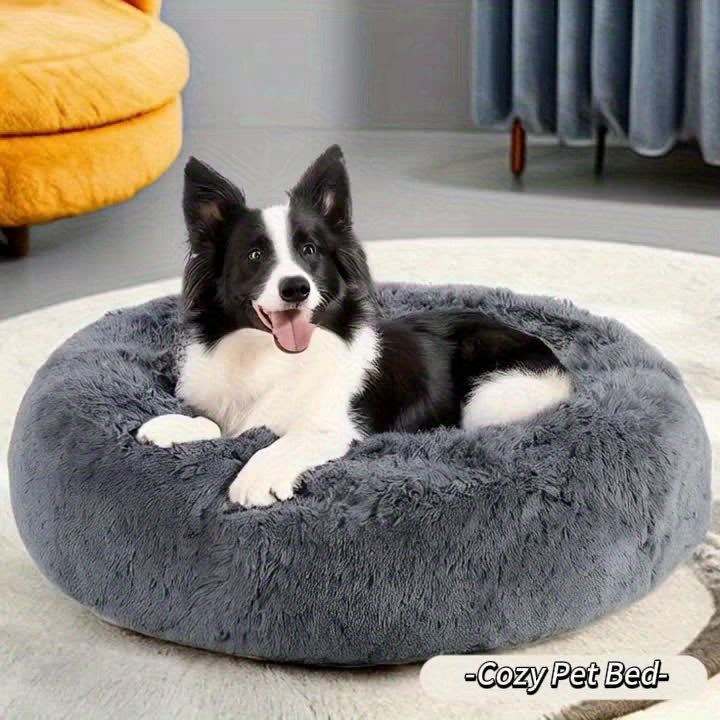 Calming Dog Bed for Medium Dogs Donut Washable Round Fluffy Plush Faux Fur Cat Bed 30 Inches Anti Slip Fits Up to 45 Pounds Pets