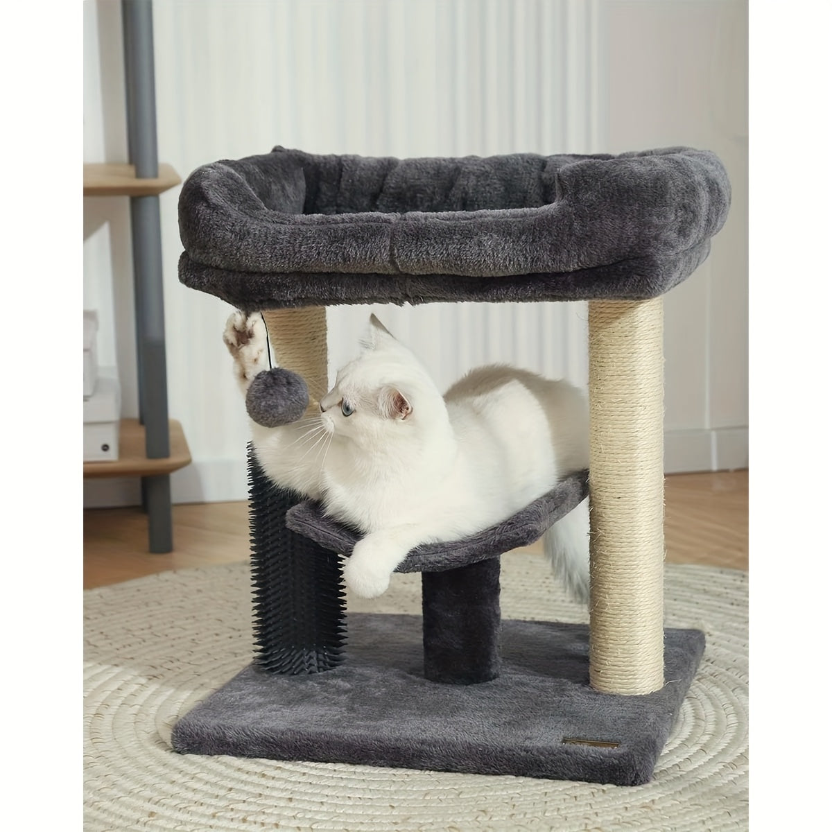 Multi Level Cat Tree Tower with Scratching Posts Plush Perch and Dangling Ball Indoor Activity Center for Cats Gray and Beige Design Durable Polyester Material