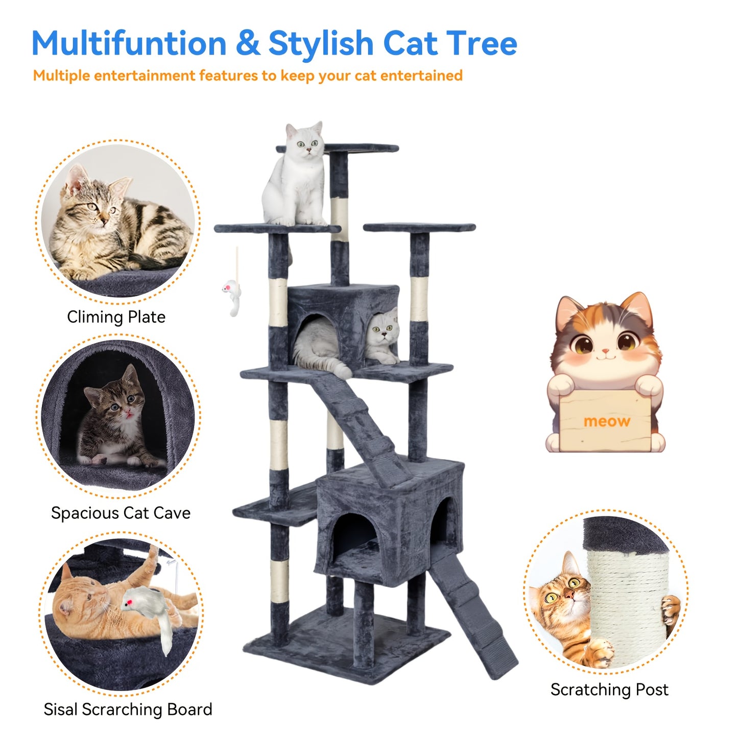 Cat Tree Tower Multi Level Plush Cat Condo with Cat Beds Scratch Pads Scratching Posts and Hunting Toys Ideal for Adult Cats and Kittens Sturdy Structure Easy to Assemble Indoor Cat Furniture