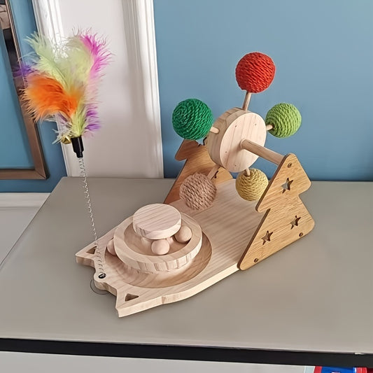 Interactive Wooden Cat Toy With Spinning Sisal Balls And Feather Teaser Multi-Functional Smart Exercise Playset For Cats