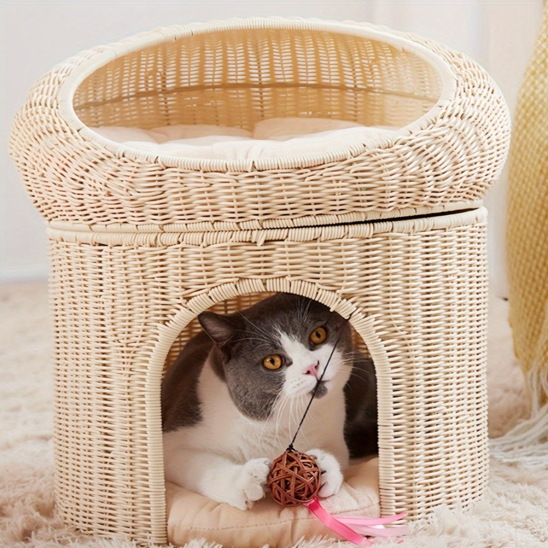 Washable Faux Rattan Double Layer Cat House with Removable Cushion Stain Resistant Elevated Cat Bed Two Story Villa Design for Indoor and Outdoor Use