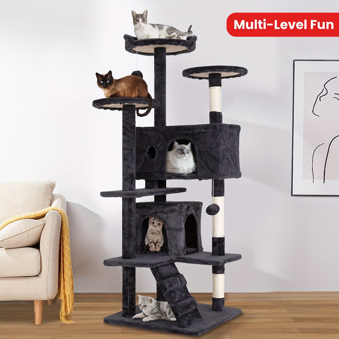 DOPINMIN 54 Inch Cat Tree Tower For Indoor Cats Multi Level Furniture Activity Center With Scratching Posts Stand House Condo Funny Toys Kittens Pet Play House Dark Gray