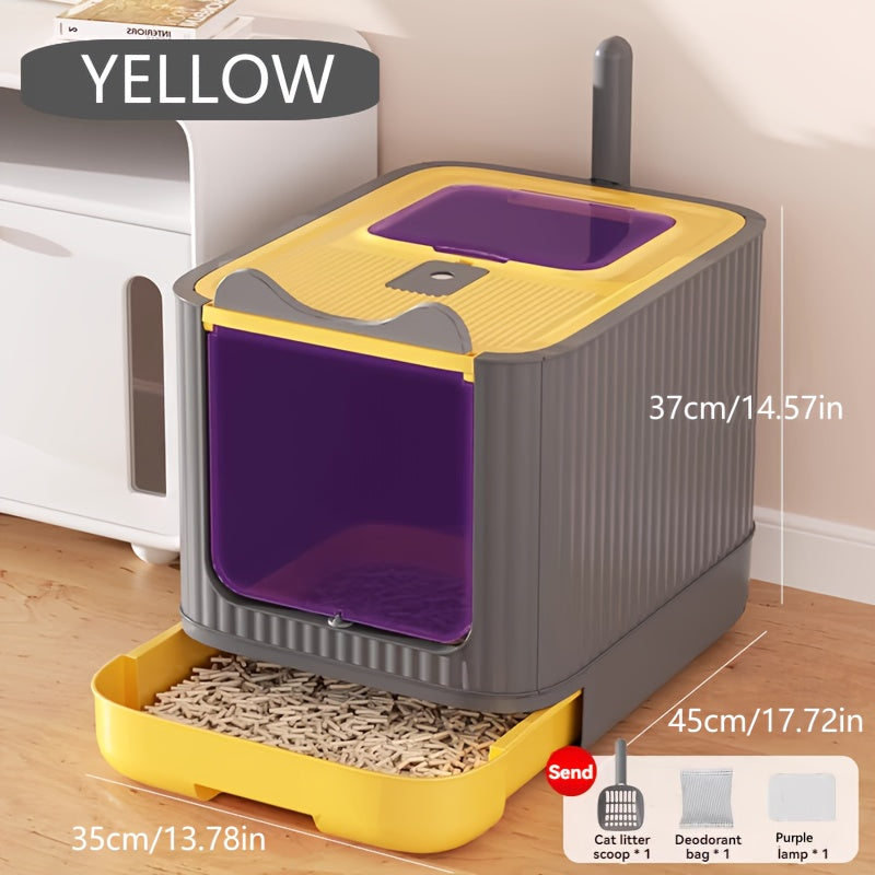 Large Capacity Cat Litter Box with Automatic Deodorization and Drawer Style Odor Isolation Splash-Proof Cat Toilet Cleaning Supplies Includes Litter Shovel Deodorizer and Purifying Lamp Ideal Gift for Cat Lovers