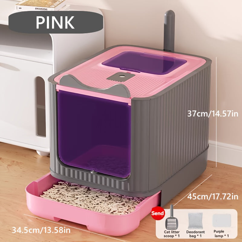 Large Capacity Cat Litter Box Odor Isolated Automatic Deodorization Drawer Style Splash Proof Cat Toilet Cleaning Supplies Includes Litter Shovel Deodorizer and Purifying Lamp Ideal Gift for Mom