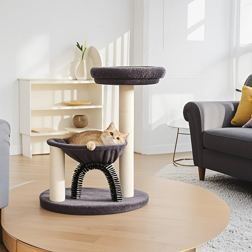 Multi Level Cat Tree Tower with Scratching Posts Plush Perch and Dangling Ball Indoor Activity Center for Cats Gray and Beige Design Durable Polyester Material