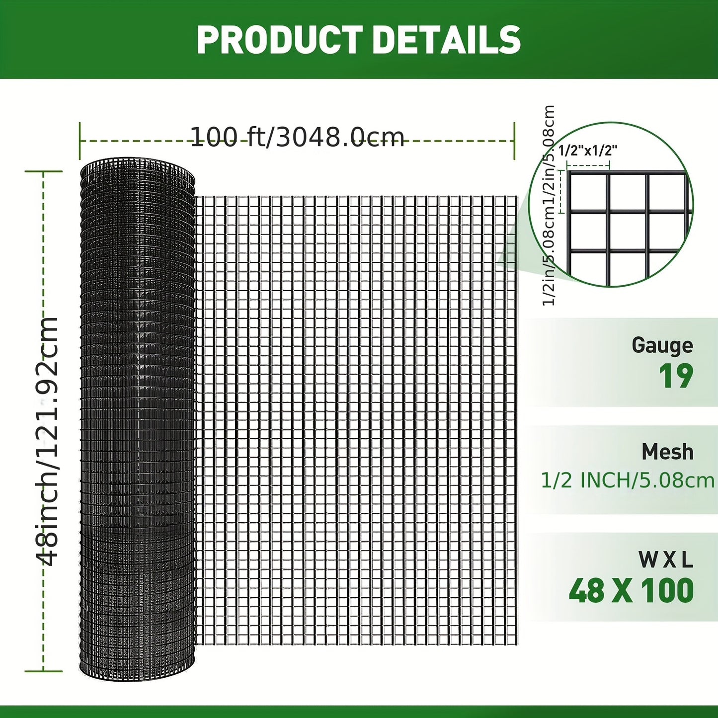 1/2 Inch 48 Inch X 100 Feet 19 Gauge PVC Coated Wire Mesh Rolls Vinyl Coated Welded Chicken Wire Fencing For Poultry Netting Black Rengue Black Hardware Cloth