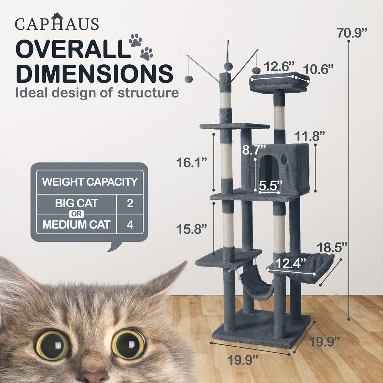 Caphaus Tall Cat Tree for Indoor Cats Modern Cute 70 Inch Climbing Play Tower with Top Perch for Large Kittens Multi Level Cat Activity Tree with Scratching Posts Hammock Cat Cave Condo