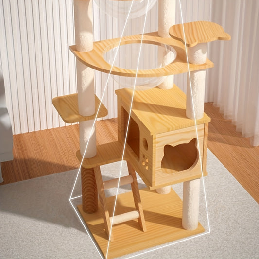 51 Inch Modern Cat Tree With Acrylic Dome Wooden Cat Tower Multi Level Wood Cat Condo Round Top Perch Scratching Post