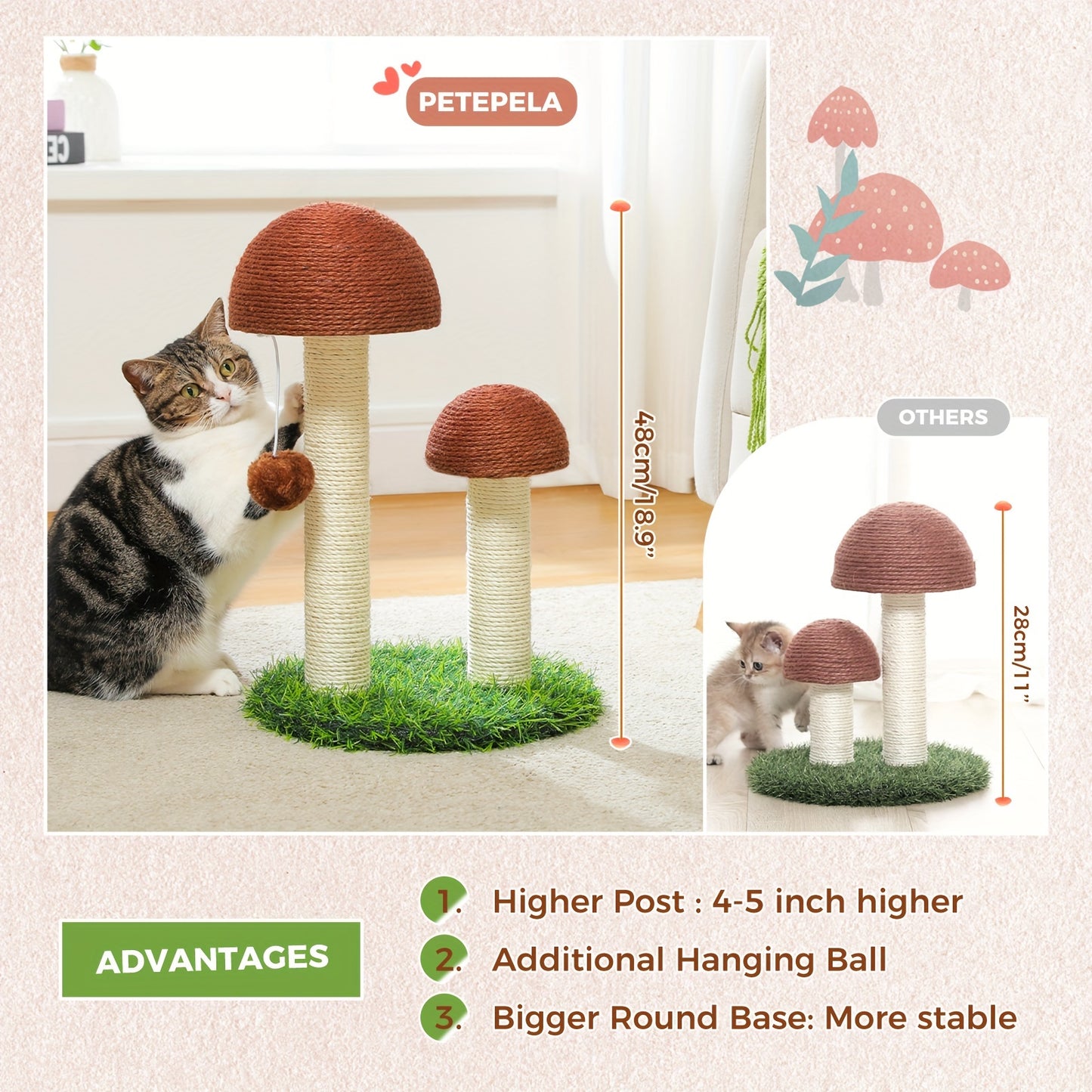 18.9 Inch Cat Scratching Post For Indoor Mushroom Scratcher