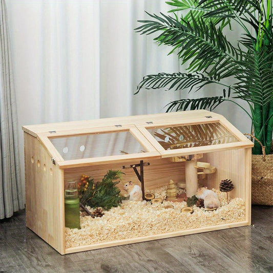 SliverDew Solid Wood Breeding Box for Hamsters and Chickens Double Door High Tolerance Acrylic Hamster Cage Spacious Indoor Pet Activity House with Ventilation Mesh and Easy Clean Design Transparent Hideout