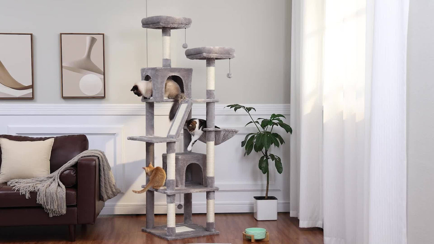 Tall Cat Tree 70.9 Inch Multi Level Activity Center For Indoor Cats With Metal Frame Large Hammock Dual Condo Houses And Scratching Posts