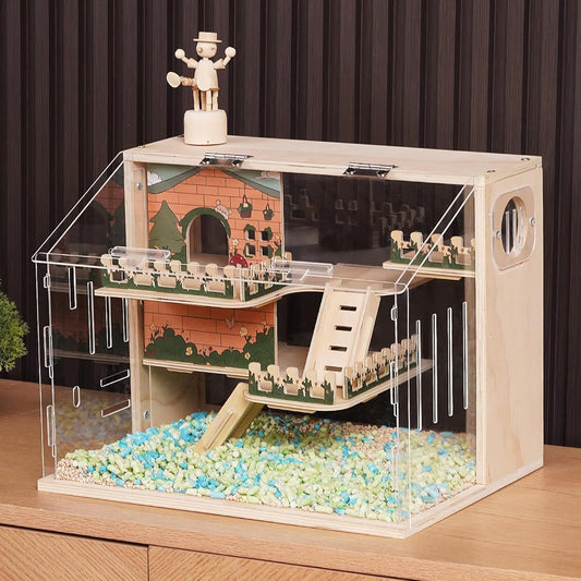 15.8 Inch 3 Tier Hamster Cage with Acrylic Top and Stairs Pastoral Style Small Animal Habitat for Mice and Hedgehogs Multi Level Ventilated Design Easy Clean Base and Accessories