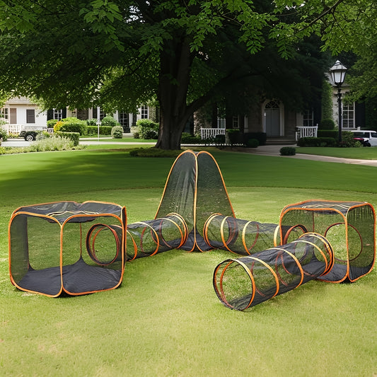 6 In 1 Foldable Pet Playpen With Tunnel And Tent For Cats And Dogs Outdoor Pop Up Cage Fence Black Fabric With Orange Accents Interactive Design For Indoor Outdoor Use