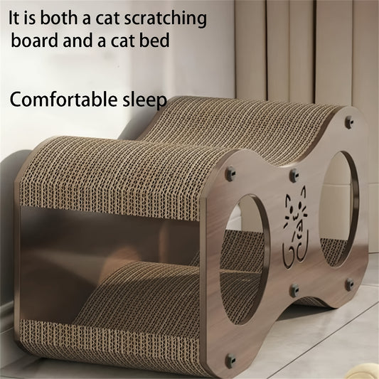 Durable Walnut Wood Cat Scratcher Lounge Cozy All Season Kitty Play Sofa and Bed with Non Shedding Woven Nest and Integrated Scratch Pad