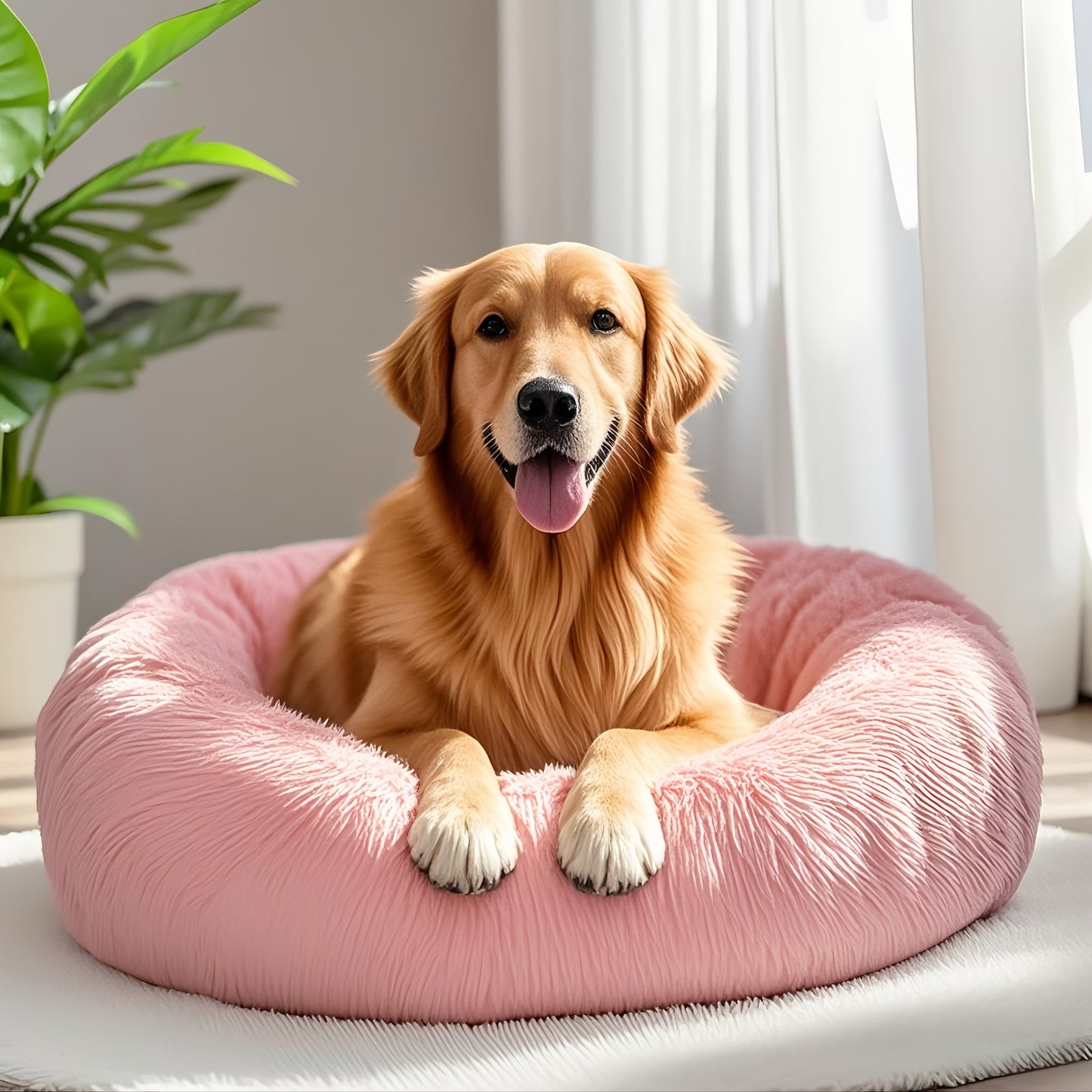 WNPETHOME Calming Anti-Anxiety Donut Dog Bed and Cat Cushion Fluffy Faux Fur Pet Bed with Non-Slip Bottom 4 Sizes for Small Medium and Large Dogs and Cats Pink Circular Design for All-Season Comfort