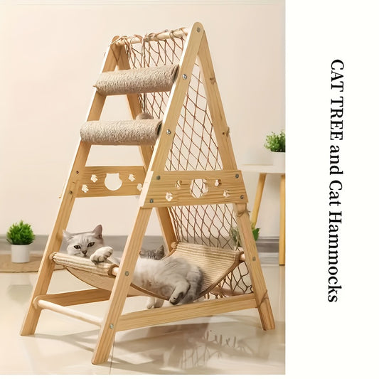 1pc 6 in 1 Deluxe Cat Tree Tower Multi Level Cat Activity Center with Real Wood and Sisal Rope Scratching Posts Climbing Net Hammock and Jumping Platforms Spacious Resting and Sleeping Areas for All Cat Breeds and Ages
