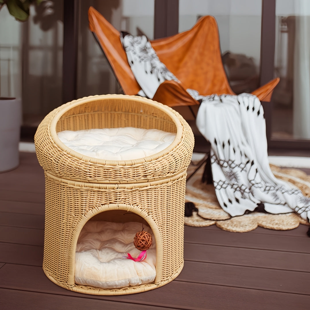 Washable Faux Rattan Double Layer Cat House with Removable Cushion Stain Resistant Elevated Cat Bed Two Story Villa Design for Indoor and Outdoor Use