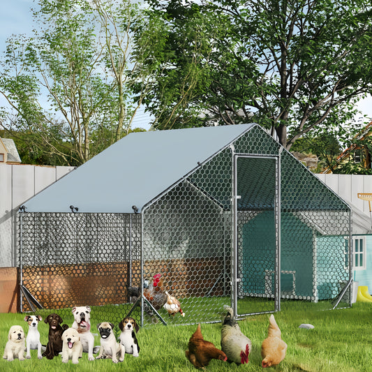 Large Metal Dog Cage and Chicken Coop with Walk-In Access Spire Roof and Anti-UV Cover Durable Outdoor Poultry Pen for Backyard Farm Small Animals Dogs Weather-Resistant Design