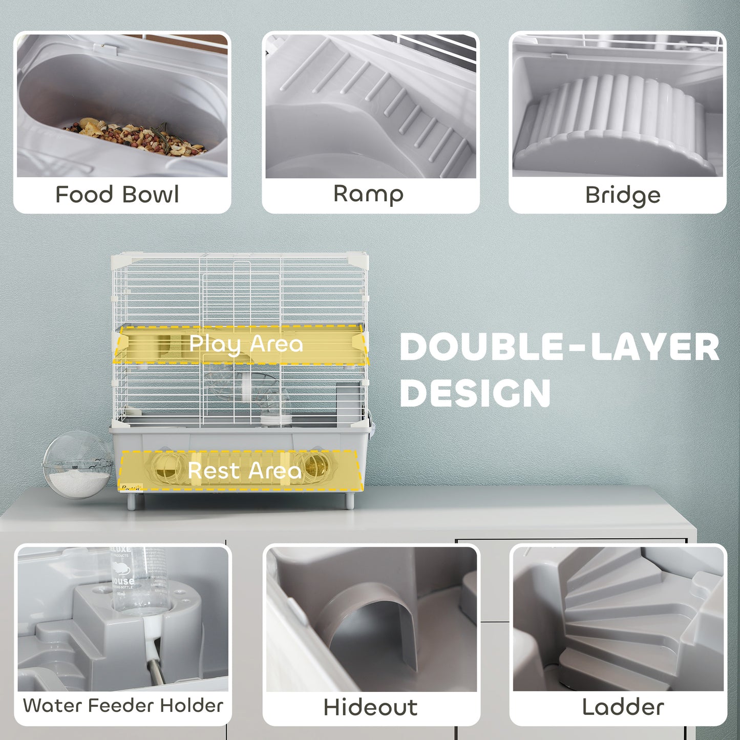 2 Tier Hamster Cage with Sand Bathroom Running Wheel Water Bottle Tubes Accessories Small Animal Cage 17.5 x 11 x 17 Gray