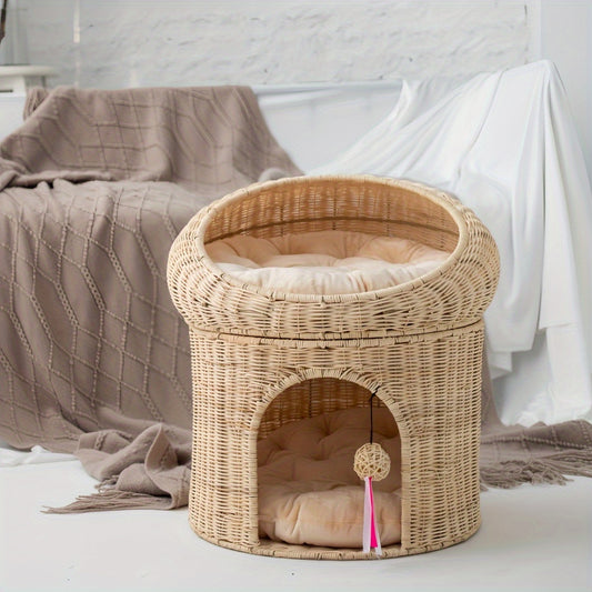Washable Faux Rattan Double Layer Cat House with Removable Cushion Stain Resistant Elevated Cat Bed Two Story Villa Design for Indoor and Outdoor Use
