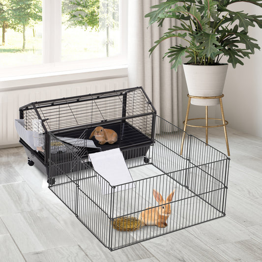 PawHut Small Animal Cage with Foldable Run Area Rolling Bunny Cage Guinea Pig Cage Hedgehog Cage with Water Bottle Water Bowl and Ramps 35 Inch L