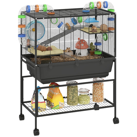 Hamster Cage with Deep Tray 3 Tier Rolling Rat Cage with Storage Shelf Big Exercise Wheel Tube System Hut Platforms Ramps Food Dish Water Bottle for Syrian Gerbil Mouse