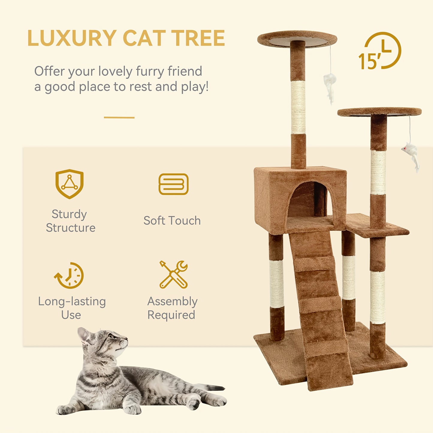 Cat Tree Tower Multi Level Plush Cat Condo with Cat Beds Scratch Pads Scratching Posts and Hunting Toys Ideal for Adult Cats and Kittens Sturdy Structure Easy to Assemble Indoor Cat Furniture