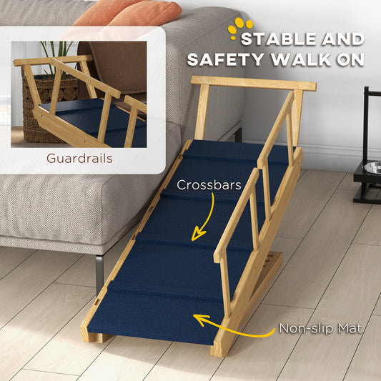 PawHut Adjustable Dog Ramp Foldable Wooden Pet Stairs with Non-Slip Mat for Small to Large Dogs Natural Wood Finish