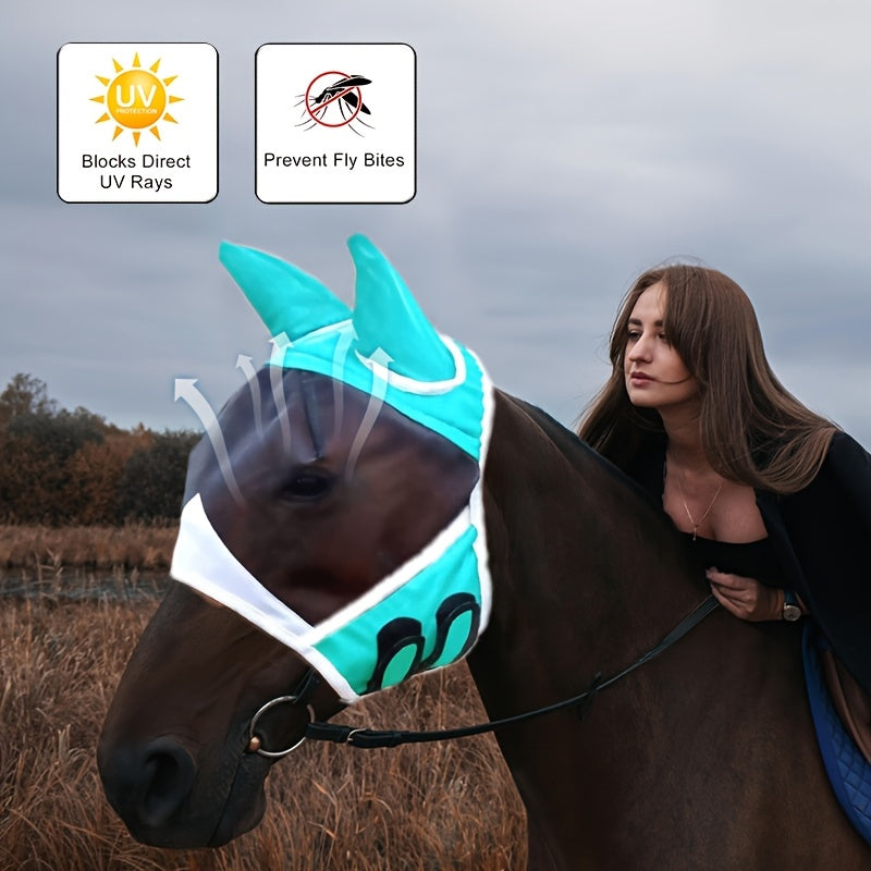 Mosquito Proof Horse Mask with Ears and Nose Breathable Mesh Summer Fly Mask Teal and White Design for Outdoor Riding and Stable Use Stylish Equestrian Gear
