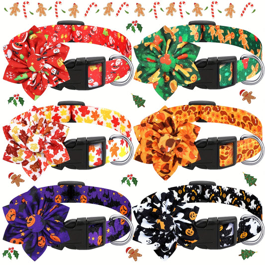 6 Pieces Holiday Dog Collars For Dogs Christmas Dog Collars With Flower Maple Turkey Pumpkin Adjustable Collars With Plastic Buckle