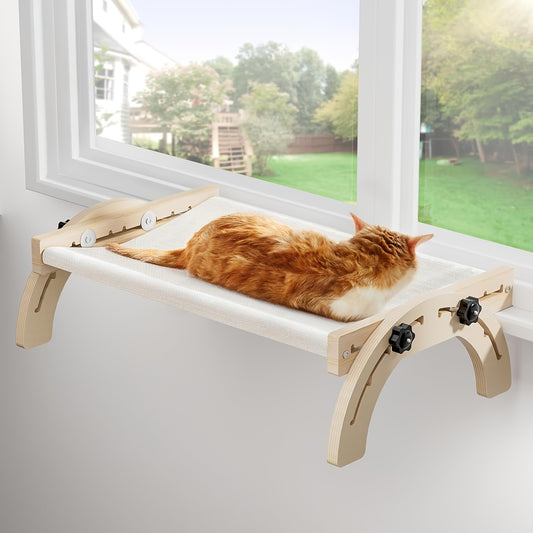 XIAZ Cat Window Perch Bed Adjustable 50LB Wooden Indoor Cat Bed with Dual Season Washable Cushion Perfect for Sunbathing Fits All Cat Breeds 27x16x8in Window Shelf for Cats